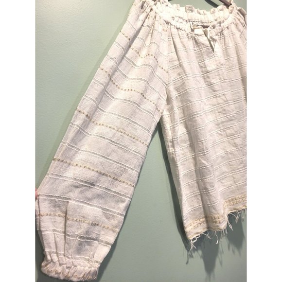 NWOT Lemlem White Gold Accent Long Sleeve Lightweight Elastic Tie Neckline Sz S - Picture 3 of 7